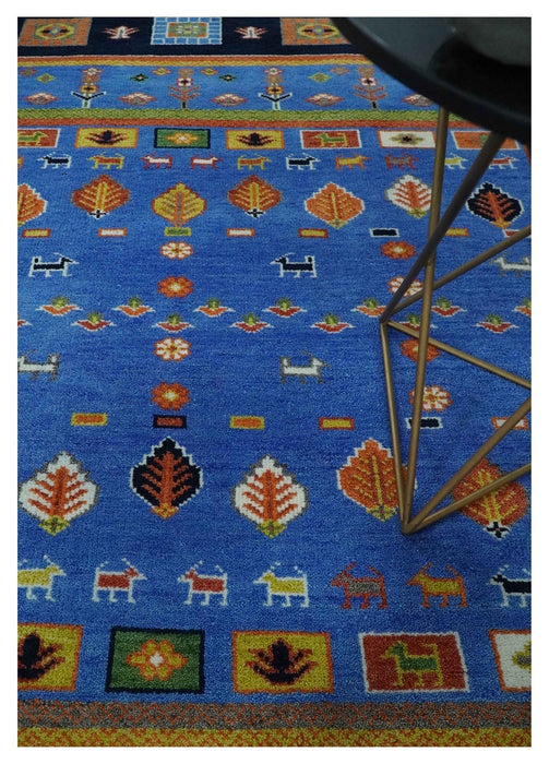 Tribal Gabbeh Blue, Black, Green and Rust Hand knotted Antique Look Traditional Wool Area Rug