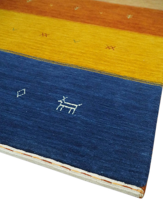 Tribal Gabbeh Blue, Brown, Gold and Rust 4.6x6.6 Stripes Design Wool area Rug