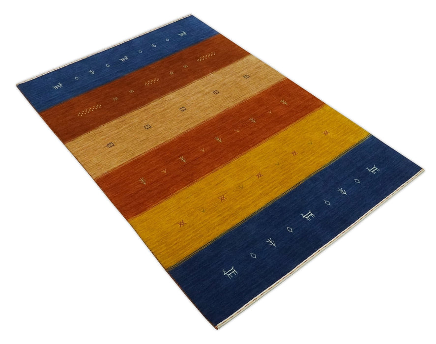 Tribal Gabbeh Blue, Brown, Gold and Rust 4.6x6.6 Stripes Design Wool area Rug