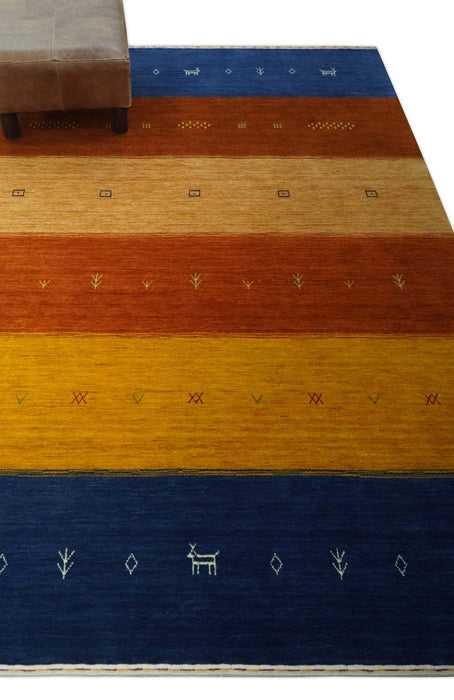 Tribal Gabbeh Blue, Brown, Gold and Rust 4.6x6.6 Stripes Design Wool area Rug