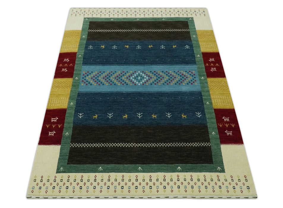 Tribal Gabbeh Blue, Gold, Maroon and Ivory Stripes design Traditional Hand loom 4.6x7 Wool Area Rug