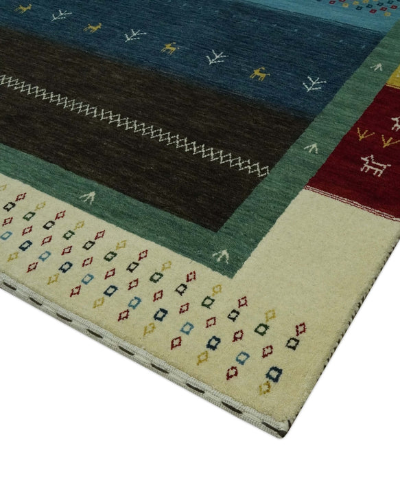 Tribal Gabbeh Blue, Gold, Maroon and Ivory Stripes design Traditional Wool Area Rug