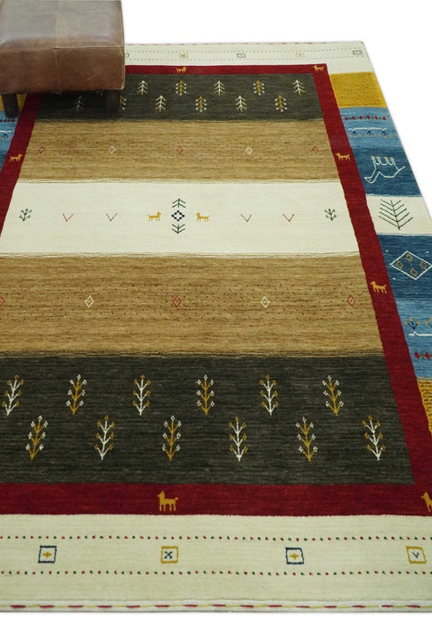 Tribal Gabbeh Gold, Ivory, Blue and Charcoal Stripes design Custom Made Wool Rug