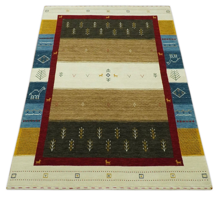 Tribal Gabbeh Gold, Ivory, Blue and Charcoal Stripes design Custom Made Wool Rug