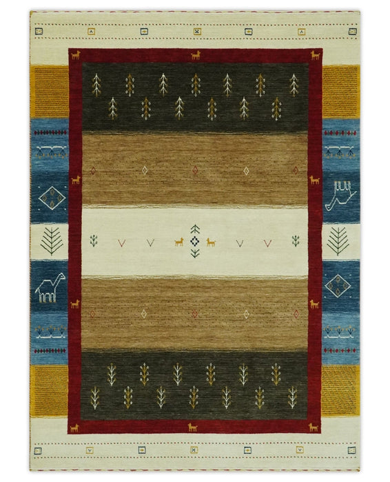 Tribal Gabbeh Gold, Ivory, Blue and Charcoal Stripes design Custom Made Wool Rug