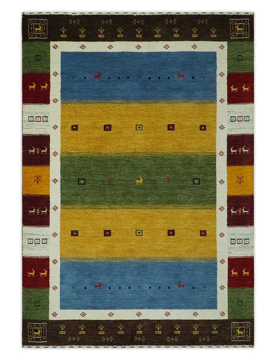 Tribal Gabbeh Green, Gold, Blue, Maroon and Ivory Stripes Design Traditional Hand loom 4.6x6.6 Wool Area Rug