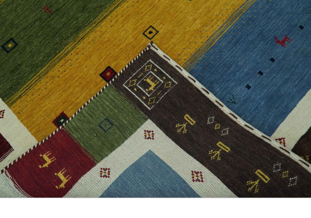 Tribal Gabbeh Green, Gold, Blue, Maroon and Ivory Stripes design Traditional Wool Area Rug