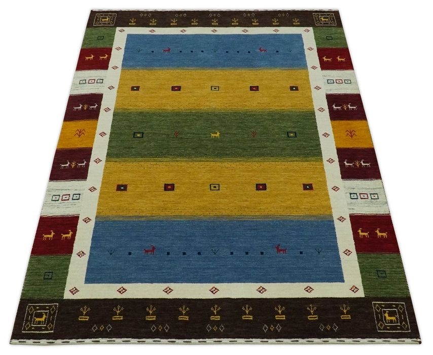 Tribal Gabbeh Green, Gold, Blue, Maroon and Ivory Stripes design Traditional Wool Area Rug