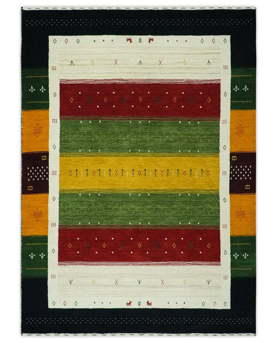 Tribal Gabbeh Green, Gold, Ivory, Maroon and Black Stripes design Traditional Hand loom 4.6x7 Wool Area Rug