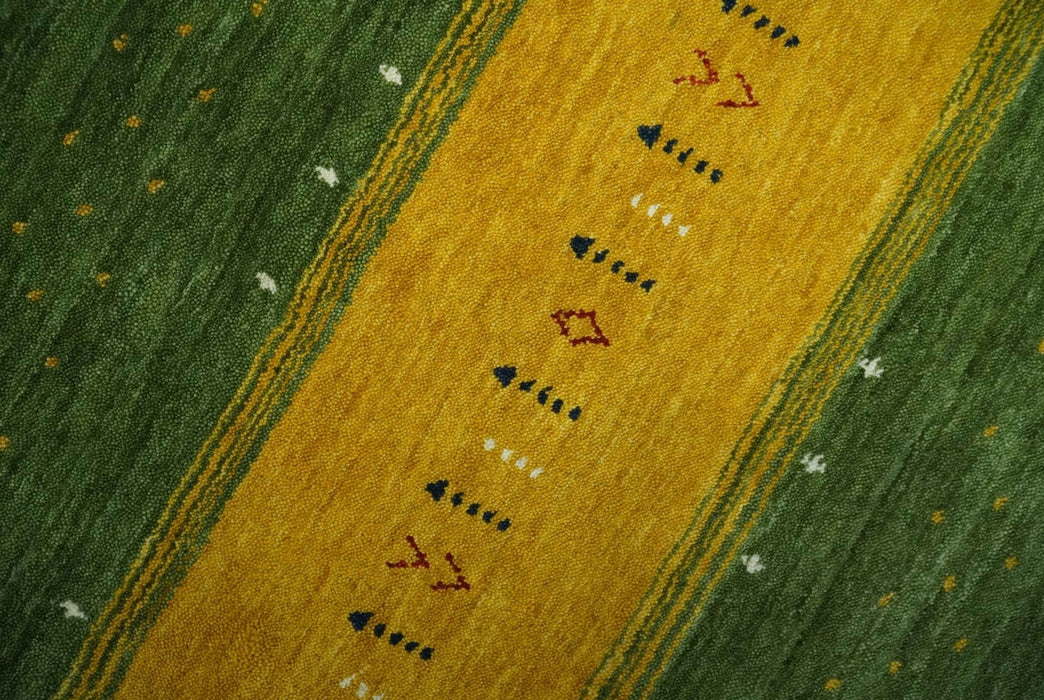Tribal Gabbeh Green, Gold, Ivory, Maroon and Black Stripes design Traditional Hand loom Wool Area Rug