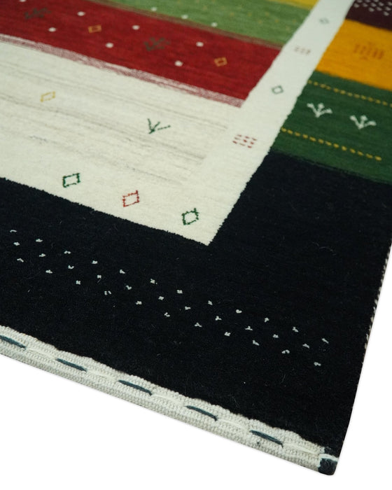 Tribal Gabbeh Green, Gold, Ivory, Maroon and Black Stripes design Traditional Hand loom Wool Area Rug