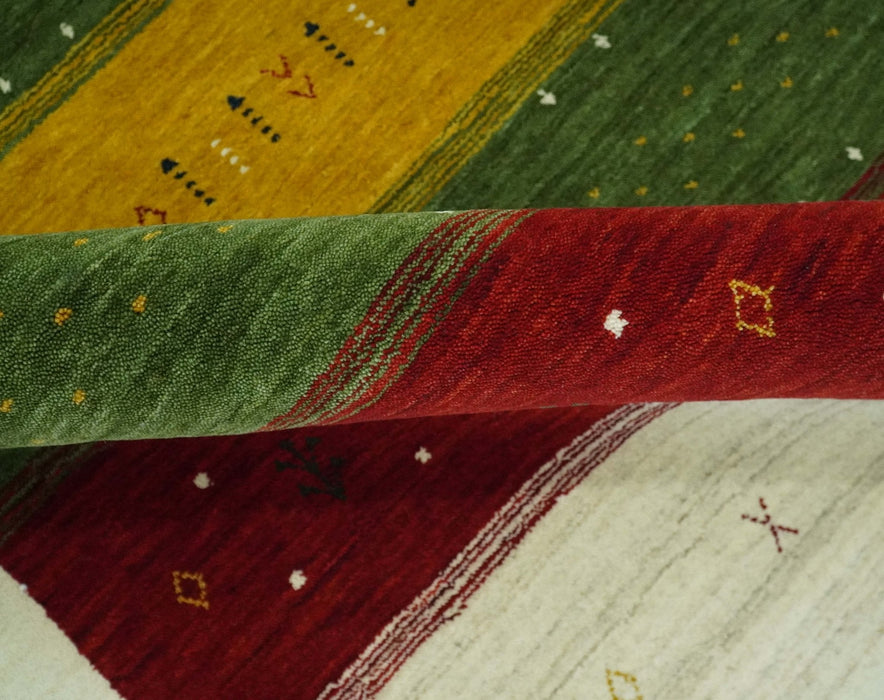 Tribal Gabbeh Green, Gold, Ivory, Maroon and Black Stripes design Traditional Hand loom Wool Area Rug