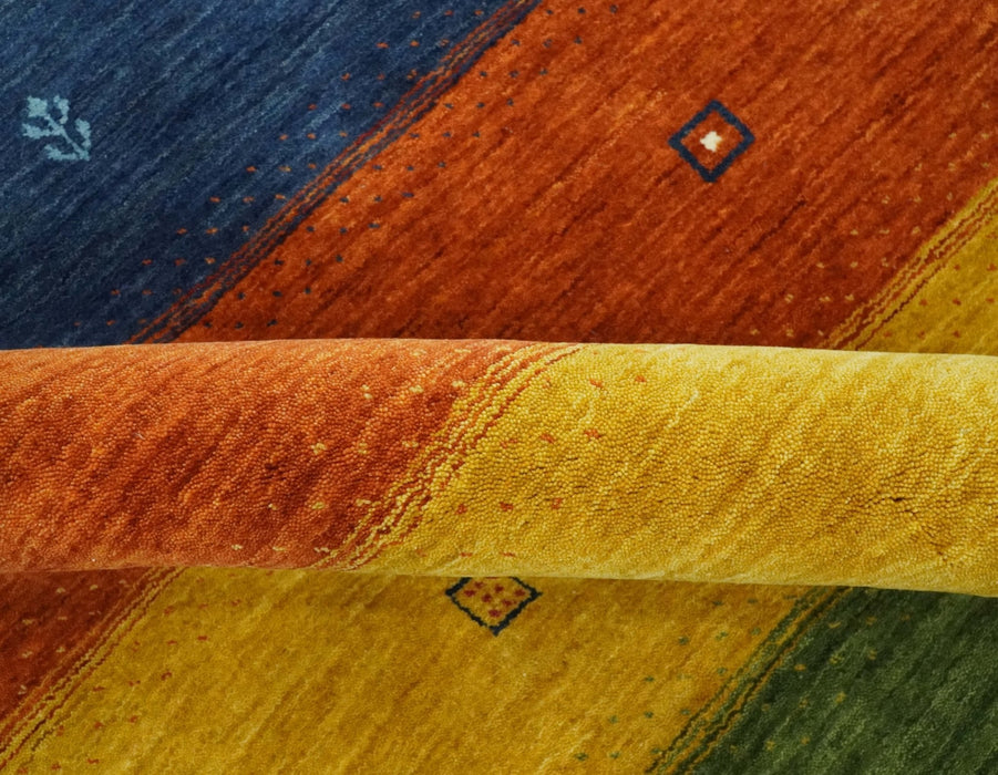 Tribal Gabbeh Green, Gold, Rust and Blue Stripes Design 4.6x7 Wool area Rug