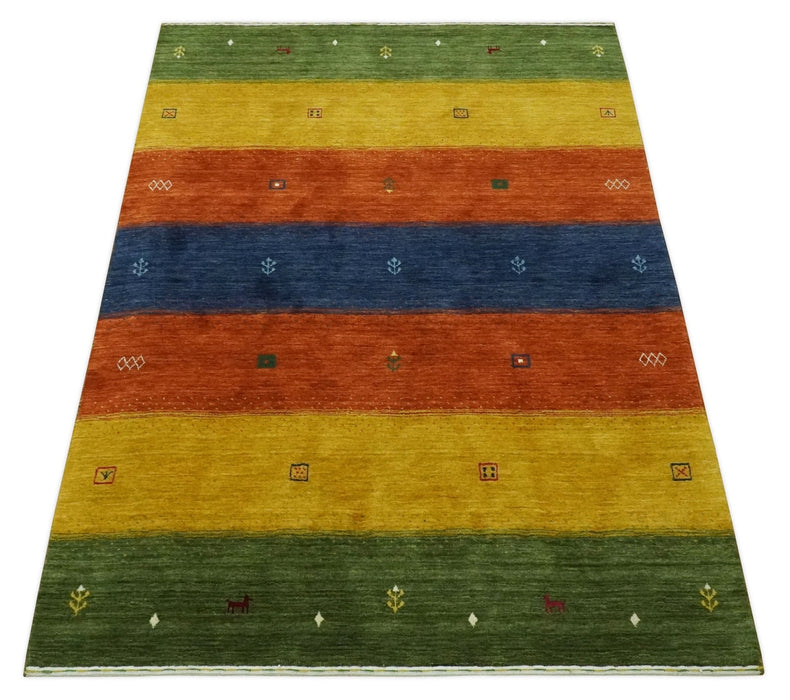 Tribal Gabbeh Green, Gold, Rust and Blue Stripes Design Multi Size Wool area Rug