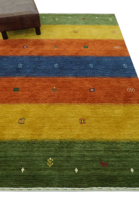 Tribal Gabbeh Green, Gold, Rust and Blue Stripes Design Multi Size Wool area Rug