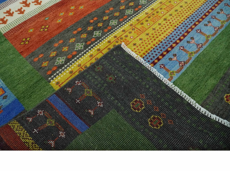 Tribal Gabbeh Green, Rust, Blue and Gold Hand knotted Antique Style Traditional Wool Area Rug