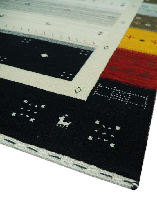 Tribal Gabbeh Ivory, Black, Gold and Maroon Stripes design Traditional Hand loom 4.6x7 Wool Area Rug