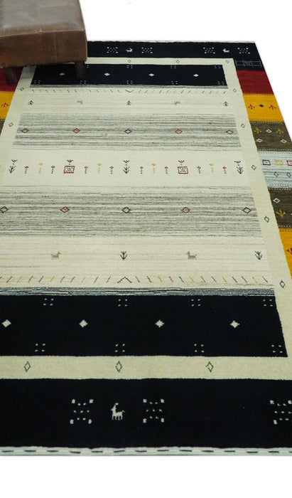 Tribal Gabbeh Ivory, Black, Gold and Maroon Stripes design Traditional Hand loom 4.6x7 Wool Area Rug