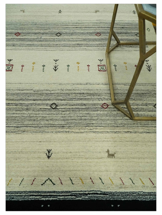 Tribal Gabbeh Ivory, Black, Gold and Maroon Stripes design Traditional Hand loom 4.6x7 Wool Area Rug