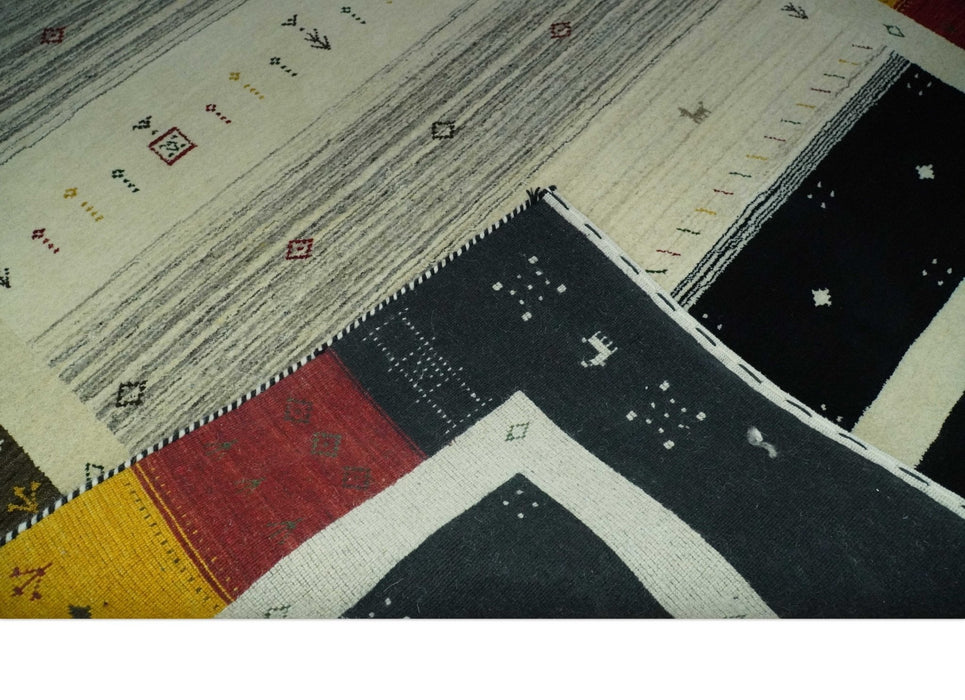 Tribal Gabbeh Ivory, Black, Gold and Maroon Stripes design Traditional Hand loom 4.6x7 Wool Area Rug