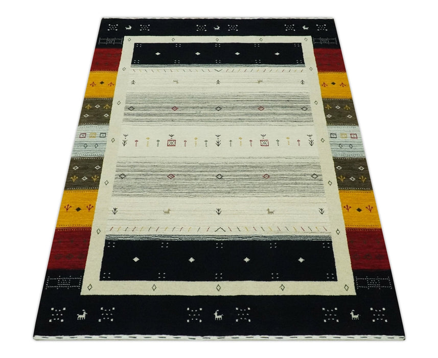 Tribal Gabbeh Ivory, Black, Gold and Maroon Stripes design Traditional Hand loom 4.6x7 Wool Area Rug