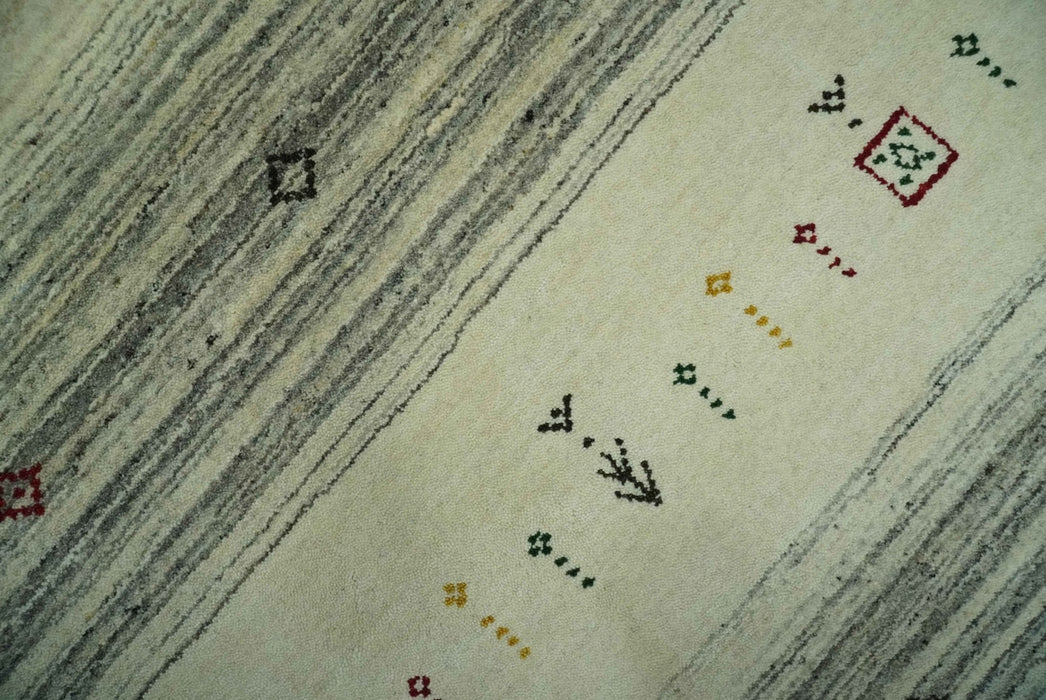 Tribal Gabbeh Ivory, Black, Gold and Maroon Stripes design Traditional Hand loom 4.6x7 Wool Area Rug