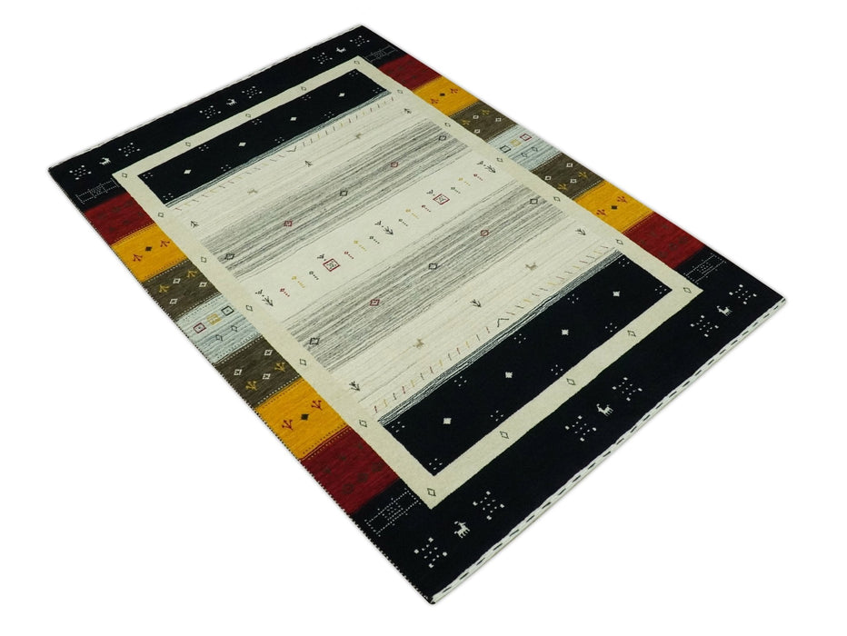 Tribal Gabbeh Ivory, Black, Gold and Maroon Stripes design Traditional Hand loom 4.6x7 Wool Area Rug