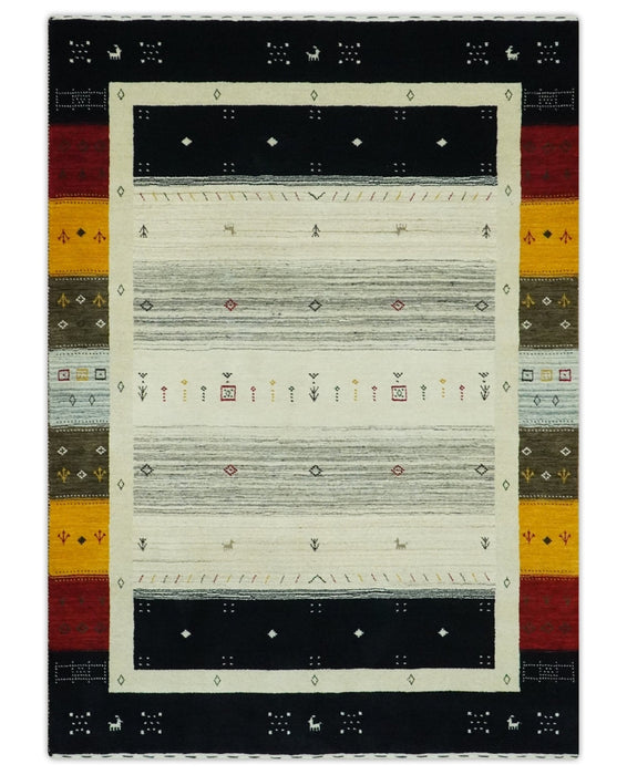Tribal Gabbeh Ivory, Black, Gold and Maroon Stripes design Traditional Hand loom 4.6x7 Wool Area Rug