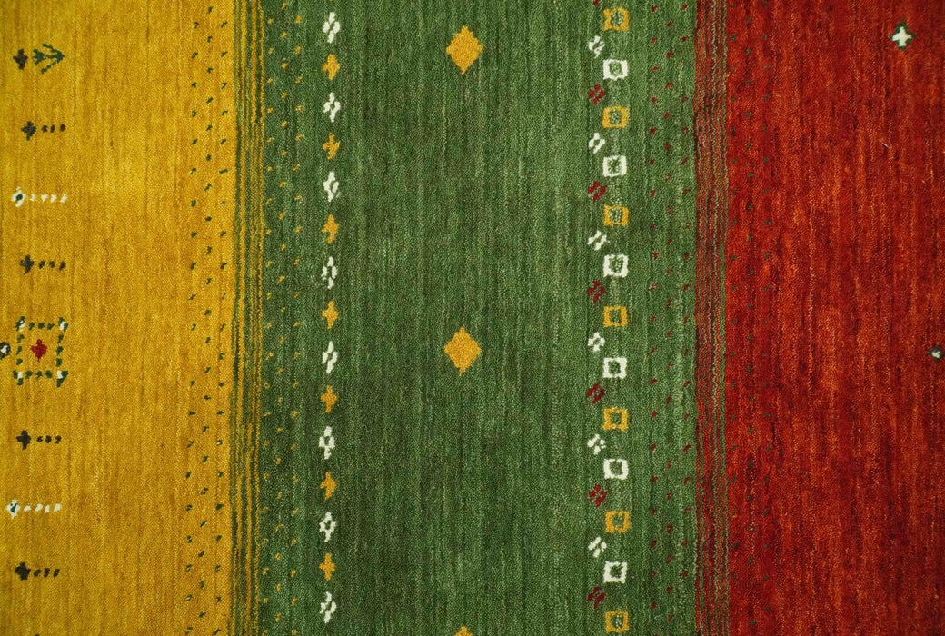 Tribal Gabbeh Ivory, Gold, Green and Maroon Geometrical Stripes Design 4.6x6.6 Hand loom wool area Rug