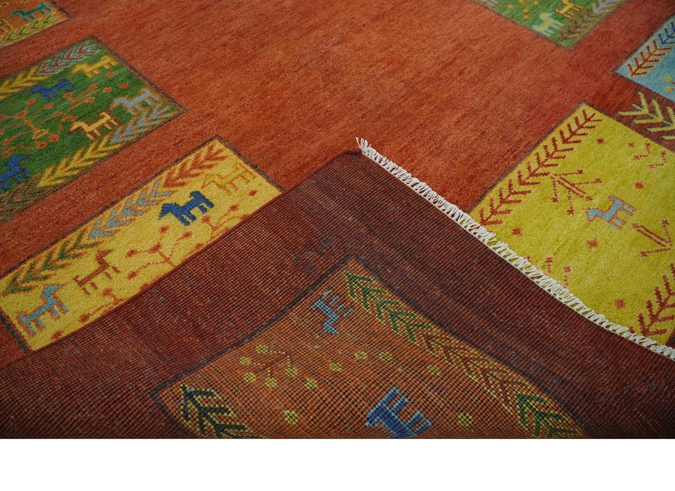 Tribal Gabbeh Rust, Green, Mustard and Aqua 8x10 Hand knotted Wool Area Rug
