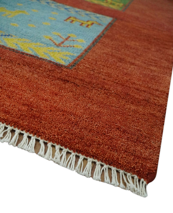 Tribal Gabbeh Rust, Green, Mustard and Aqua 8x10 Hand knotted Wool Area Rug