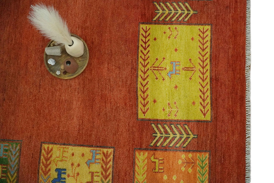 Tribal Gabbeh Rust, Green, Mustard and Aqua 8x10 Hand knotted Wool Area Rug