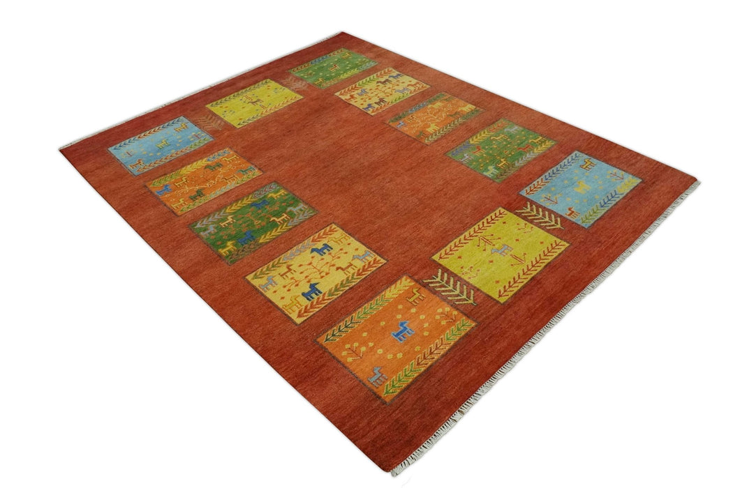 Tribal Gabbeh Rust, Green, Mustard and Aqua 8x10 Hand knotted Wool Area Rug