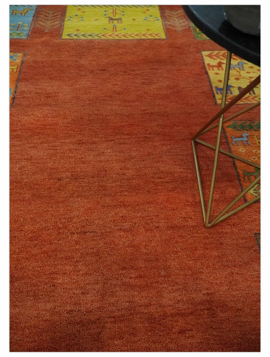 Tribal Gabbeh Rust, Green, Mustard and Aqua 8x10 Hand knotted Wool Area Rug