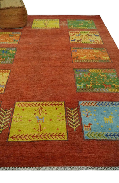 Tribal Gabbeh Rust, Green, Mustard and Aqua 8x10 Hand knotted Wool Area Rug