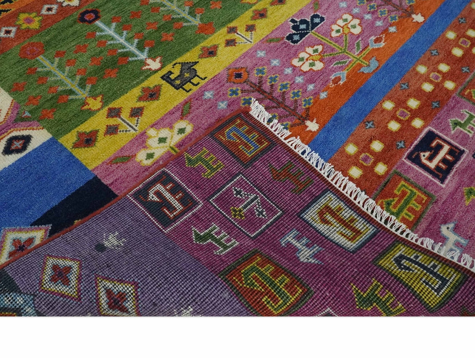 Tribal Gabbeh Rust, Ivory, Green and Pink Hand knotted 8x10 Antique Look Traditional Wool Area Rug