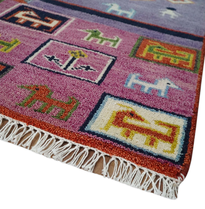 Tribal Gabbeh Rust, Ivory, Green and Pink Hand knotted 8x10 Antique Look Traditional Wool Area Rug