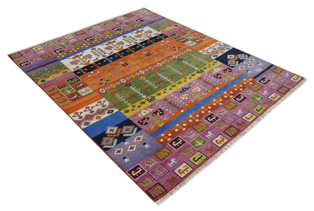 Tribal Gabbeh Rust, Ivory, Green and Pink Hand knotted 8x10 Antique Look Traditional Wool Area Rug