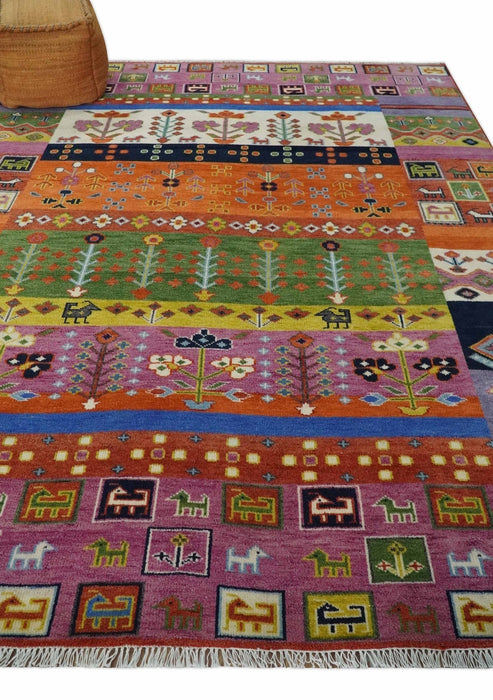 Tribal Gabbeh Rust, Ivory, Green and Pink Hand knotted 8x10 Antique Look Traditional Wool Area Rug
