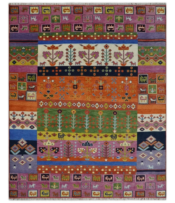 Tribal Gabbeh Rust, Ivory, Green and Pink Hand knotted Antique Look Traditional Wool Area Rug