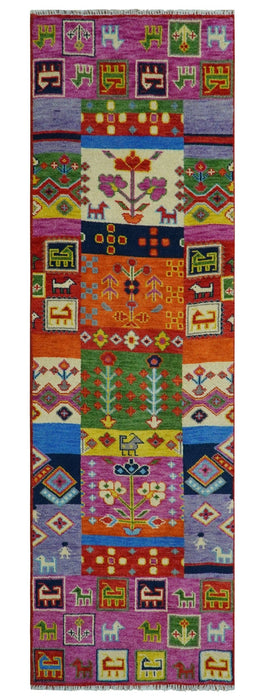 Tribal Gabbeh Rust, Ivory, Green and Pink Hand knotted Antique Look Traditional Wool Area Rug