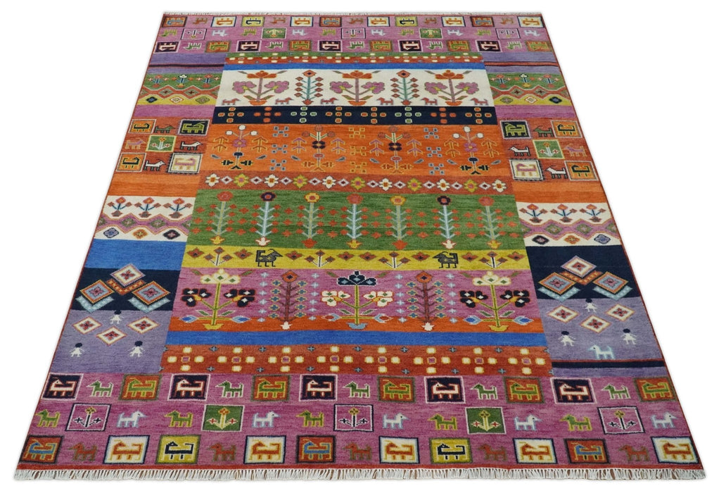 Tribal Gabbeh Rust, Ivory, Green and Pink Hand knotted Antique Look Traditional Wool Area Rug