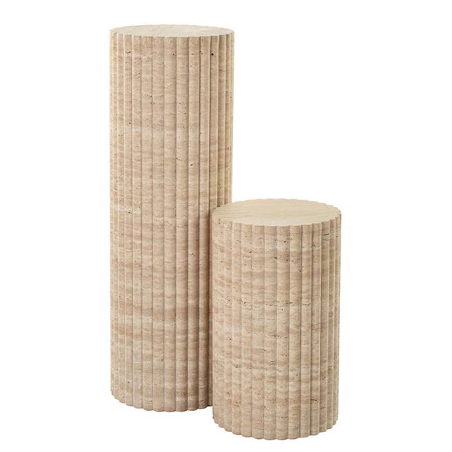 Troia Light Travertine Plinth Side Table Fluted Unfilled, Honed