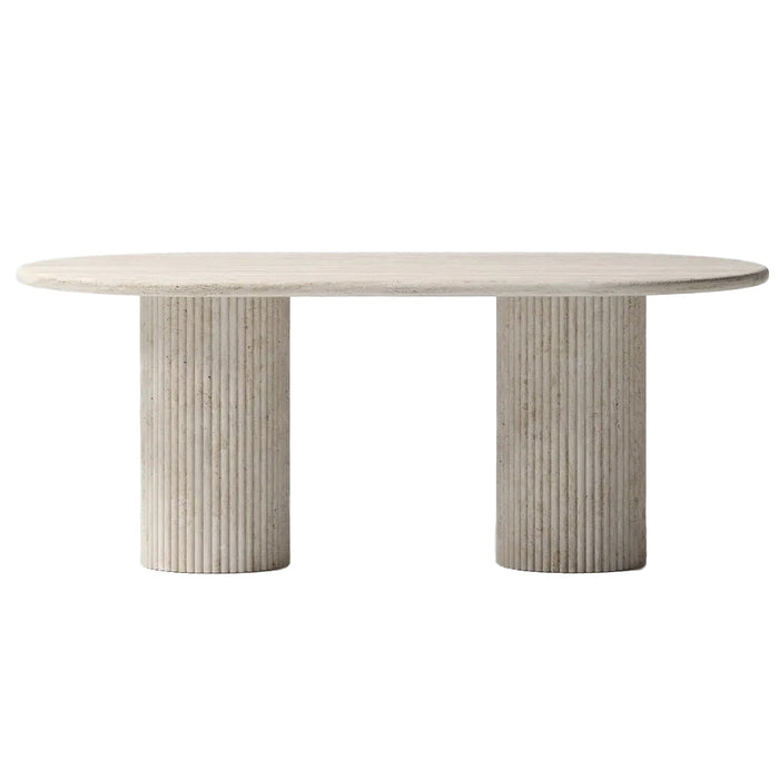 Troia Light Travertine Oval Dining Table with Fluted Round Legs