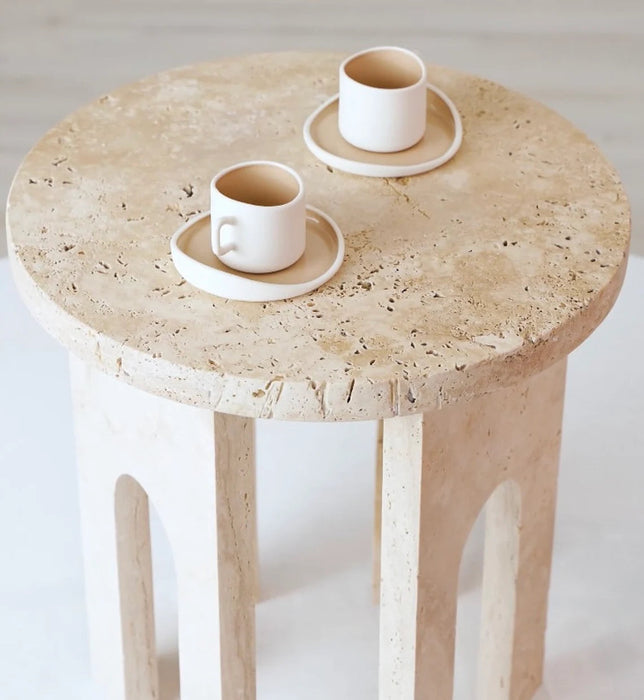 Troia Light Travertine Round End/Side Table U Shape Legs Unfilled, Honed (D)18" (H)20"