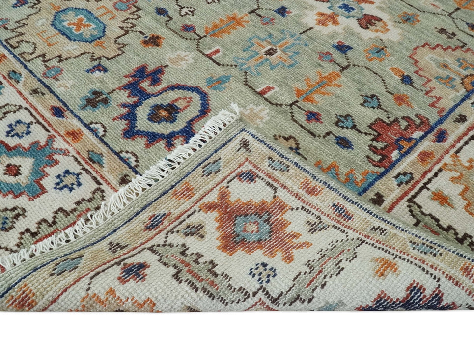 Turkish Knot Antique Green and Ivory Traditional Multi Size Hand knotted Oushak Rug