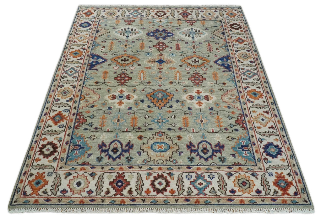 Turkish Knot Antique Green and Ivory Traditional Multi Size Hand knotted Oushak Rug