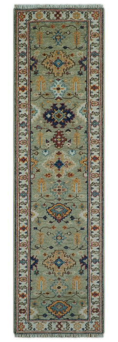Turkish Knot Antique Green and Ivory Traditional Multi Size Hand knotted Oushak Rug