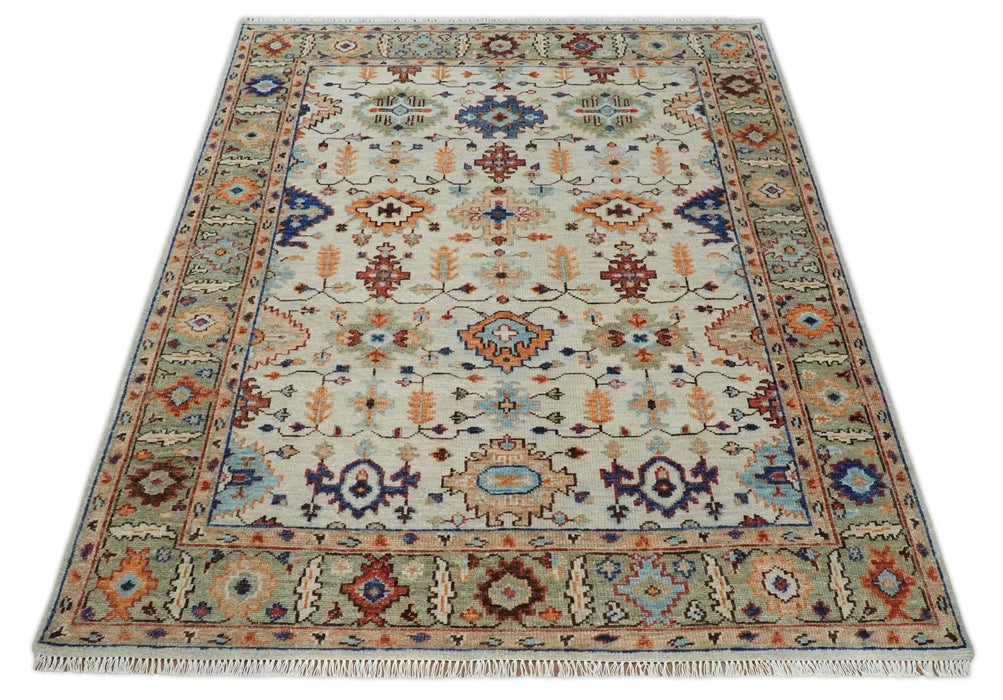 Turkish Knot Ivory and Green Colorful Traditional Multi Size Hand knotted Oushak Rug
