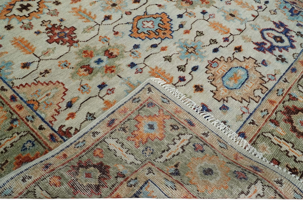 Turkish Knot Ivory and Green Colorful Traditional Multi Size Hand knotted Oushak Rug